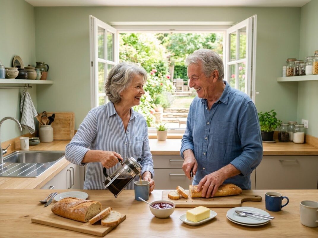 Couple de seniors au petit-déjeuner, bien vivre chez soi grâce à la domotique