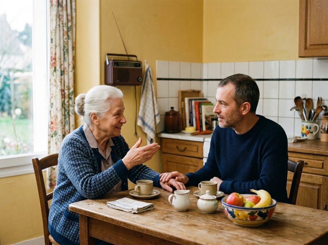 Fils et sa mère âgée dans la cuisine, maintien à domicile