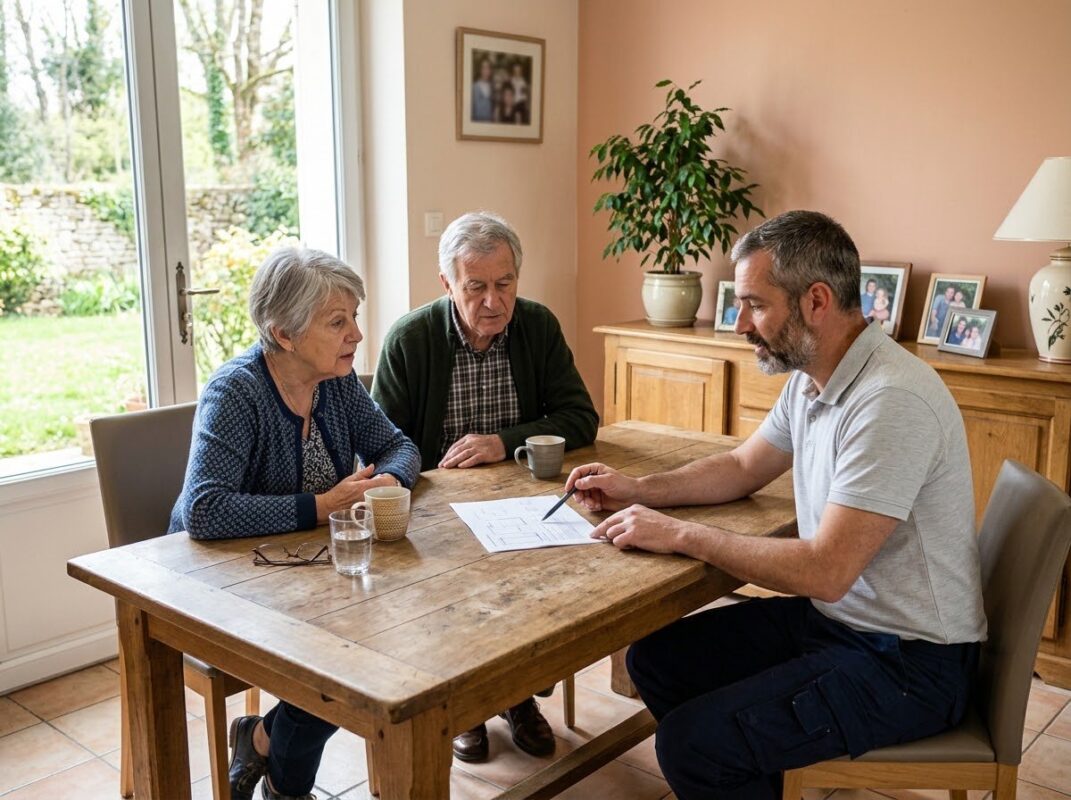 Électricien présentant une solution de domotique à un couple de seniors