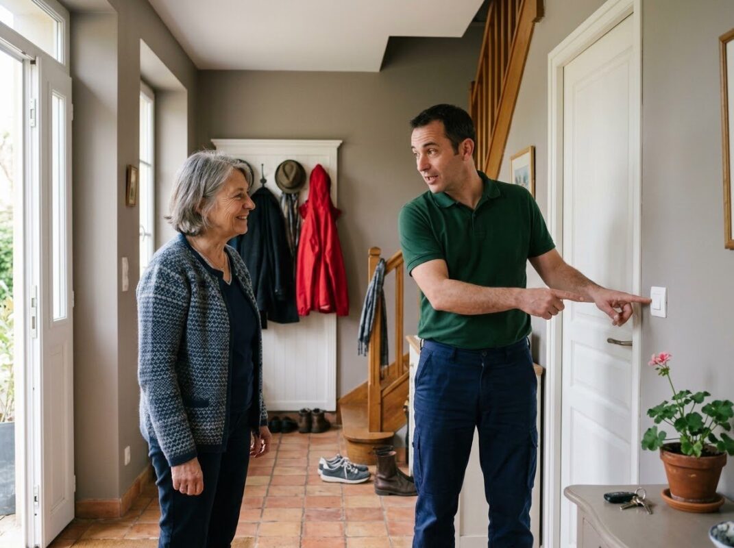 Électricien 7adom en visite conseil chez une cliente, pour adapter sa maison au maintien à domicile