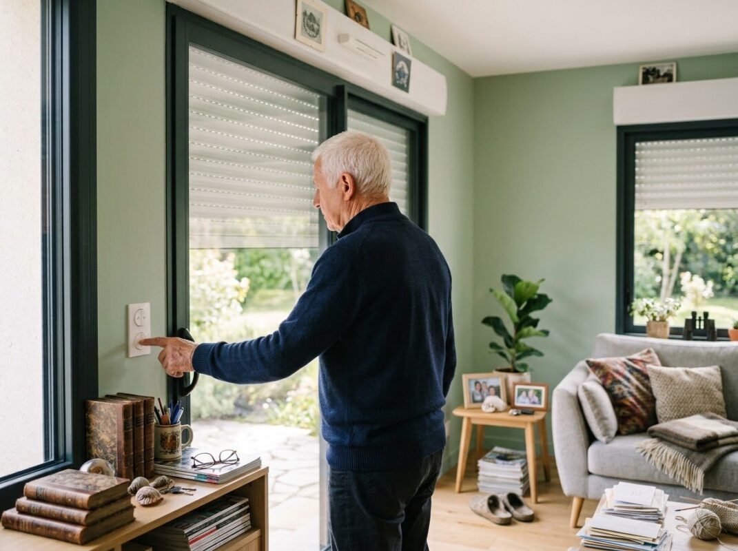 Senior commandant ses volets roulants automatiques d’un simple bouton
